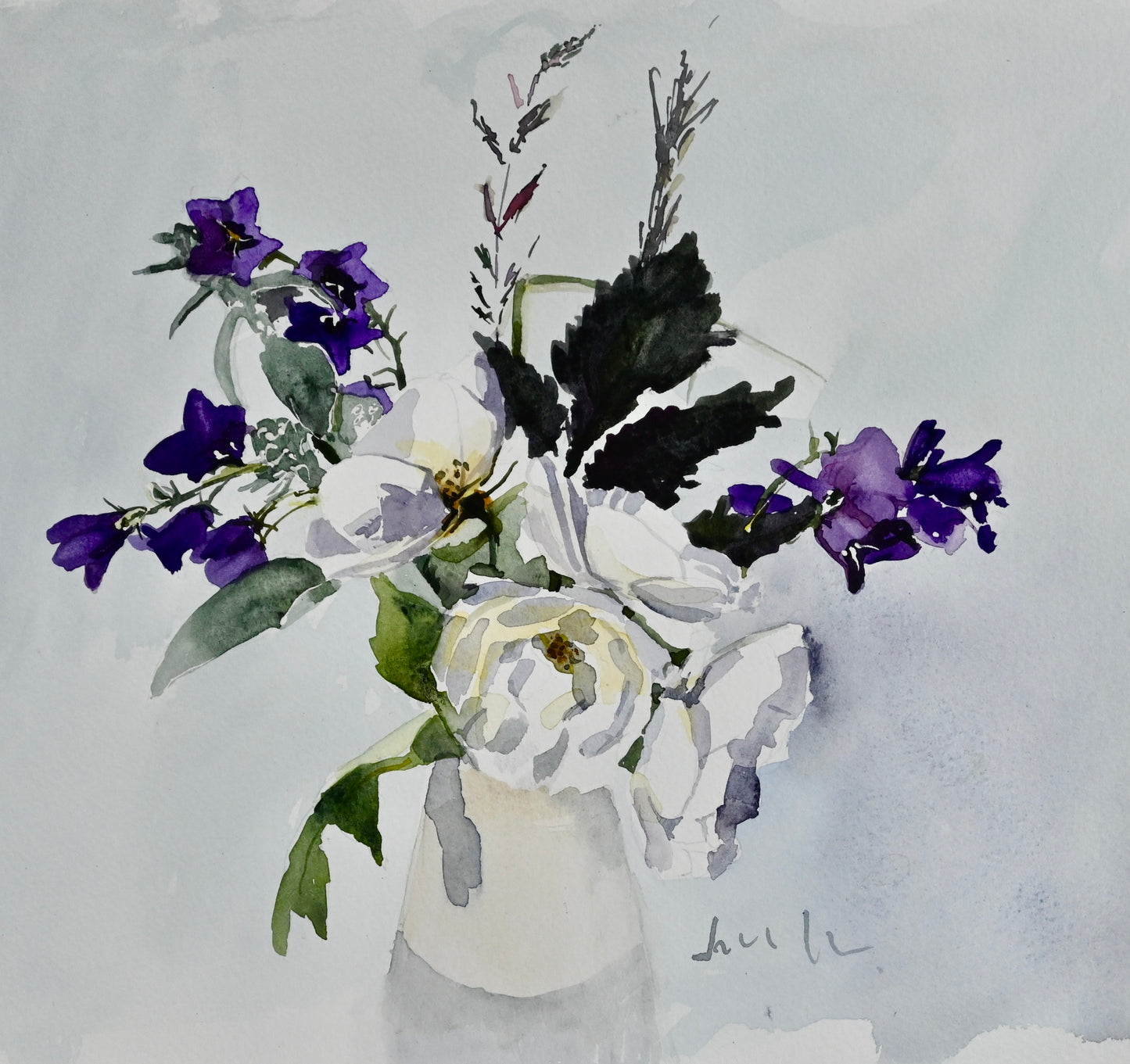 Wild Roses and Campanula, Watercolour painting