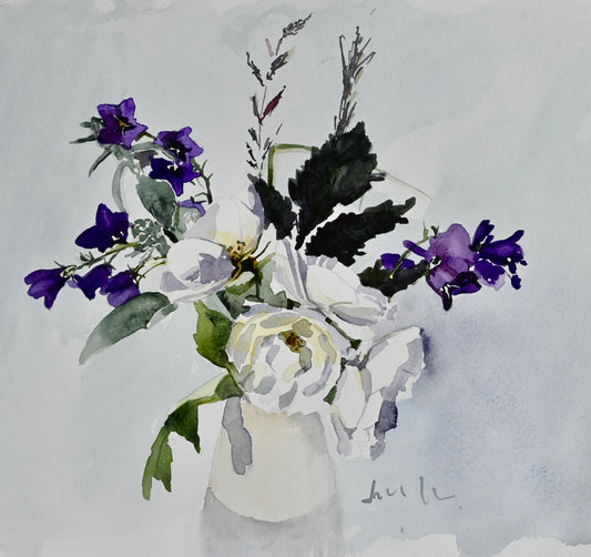 Wild Roses and Campanula, Watercolour painting