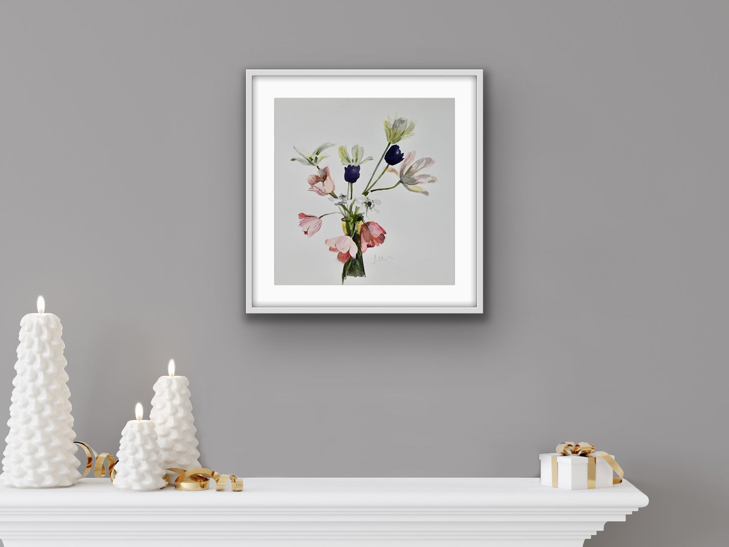 Pink and Black Tulips with White Anemone – original watercolour painting